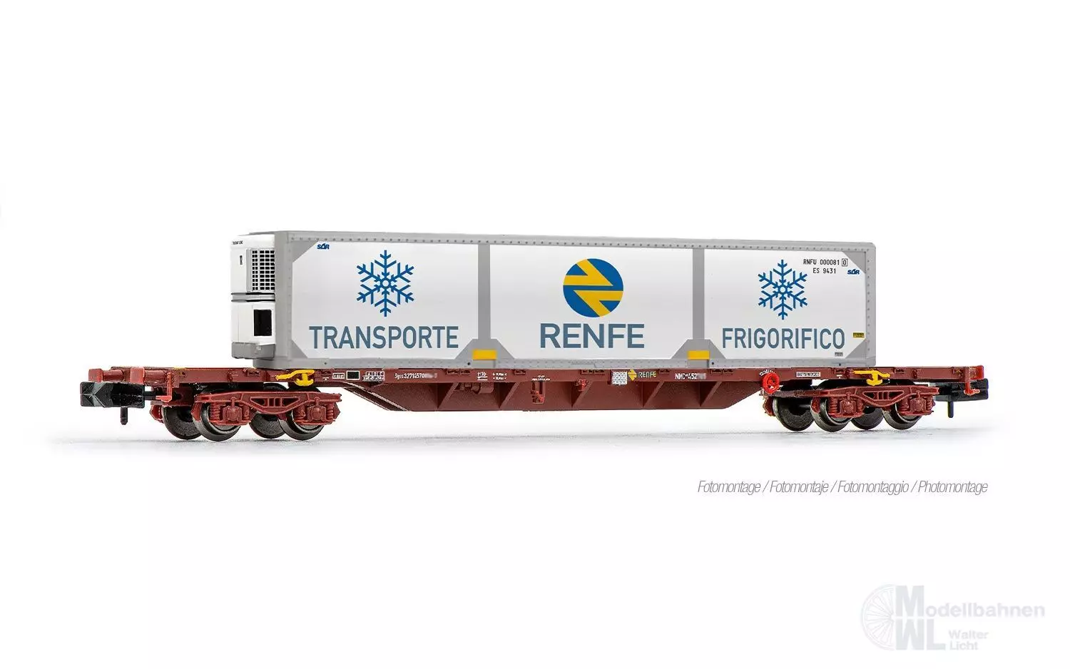 Arnold 6729 - Containertragwagen RENFE Ep.IV mit Kühl Wechselbehältern Version 2 N 1:16