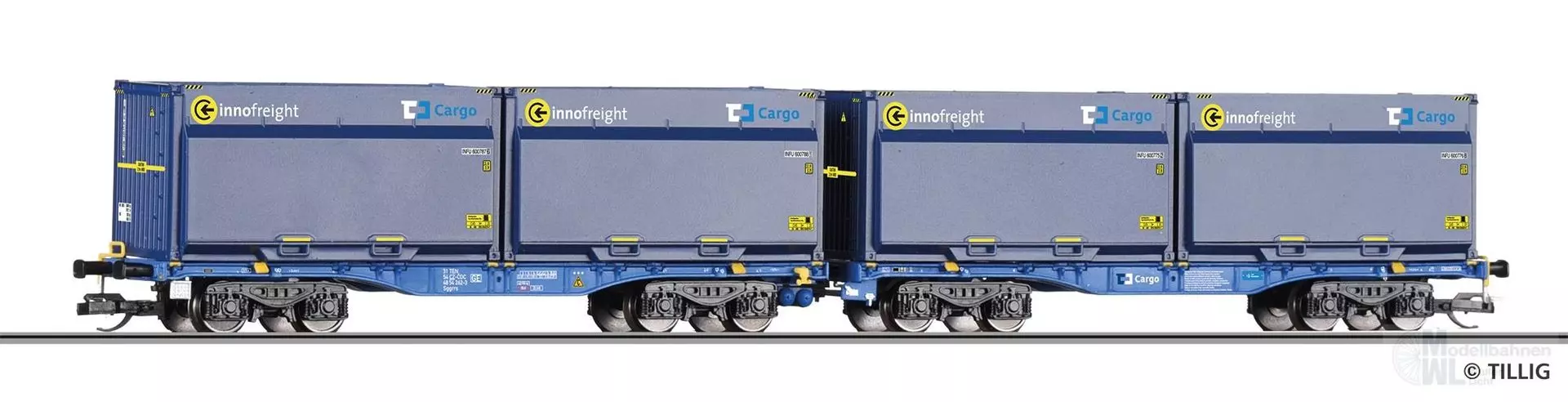 Tillig 15085 - Doppeltragwagen InnoWaggon CD Cargo Ep.VI mit 4 WoodTainer XXL TT 1:120