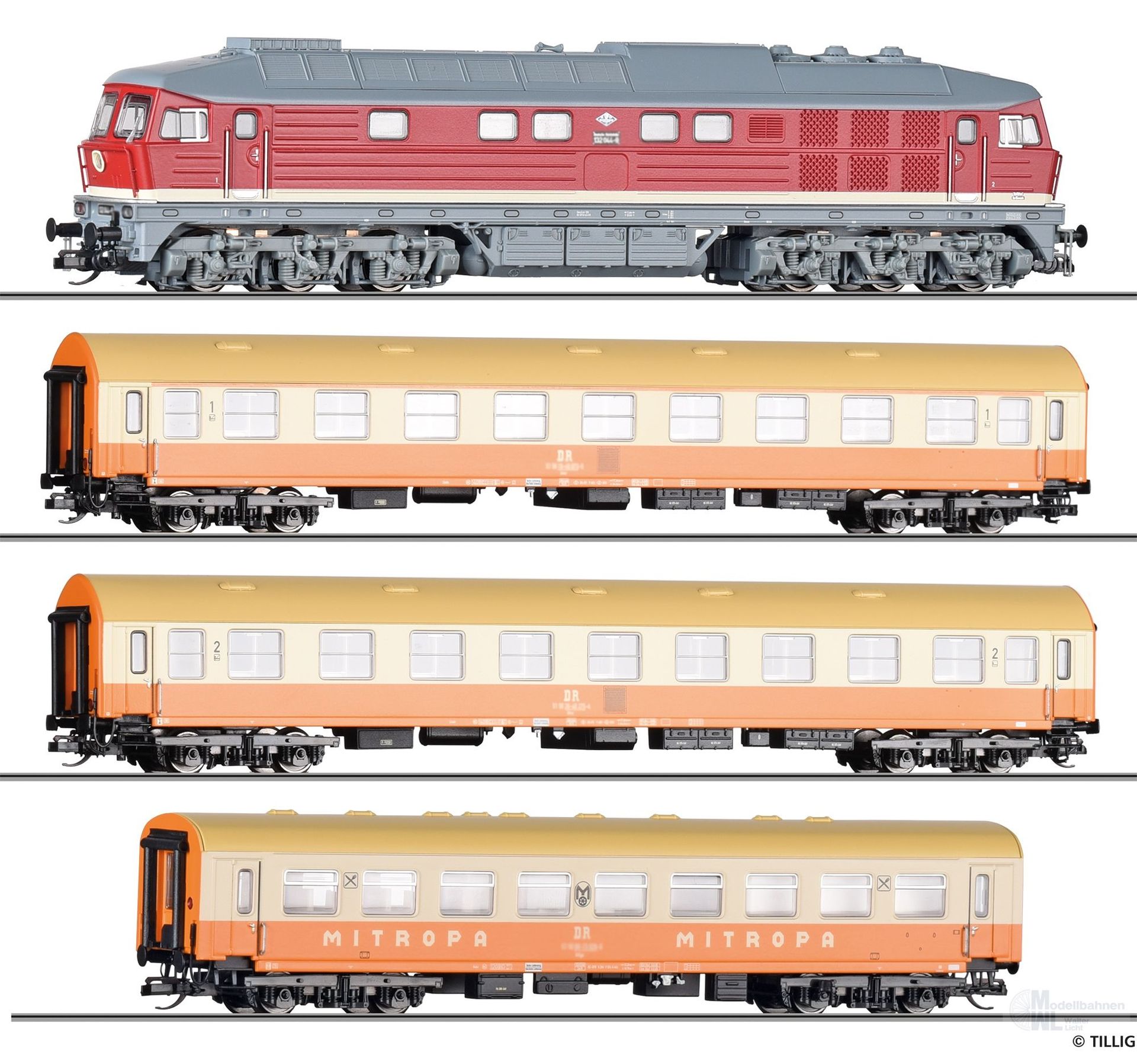 Tillig 01214 - Startset Diesellok BR 132 + 3 Personenwagen DR Ep.IV Digital TT 1:120