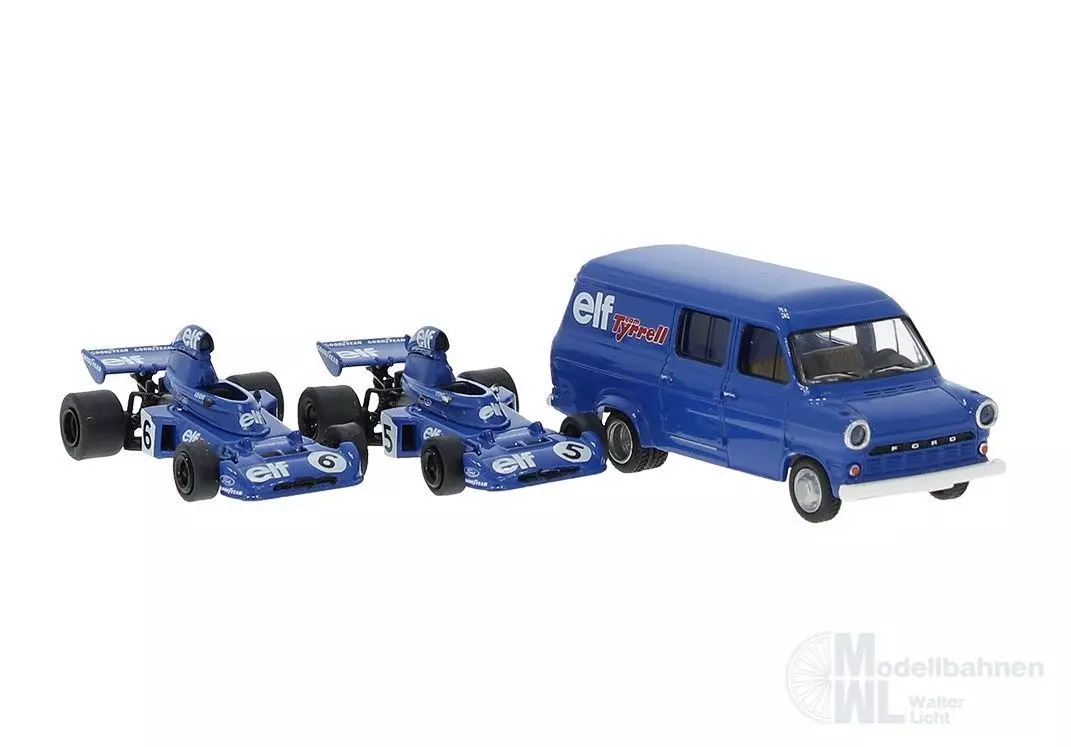 Brekina 22871 - Set Tyrrell 006 aus 1973 mit 2 Rennwagen und Ford Transit H0 1:87
