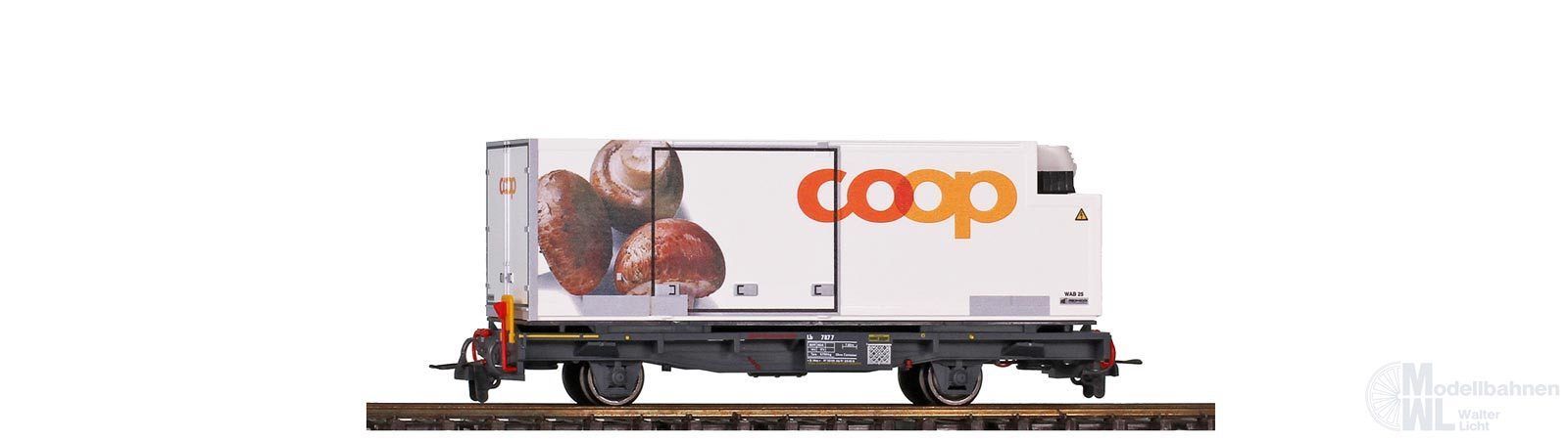 Bemo 2269110 - Containertragwagen RhB Ep.VI Lb-v 7860 mit Coop-Container Champignons H0m