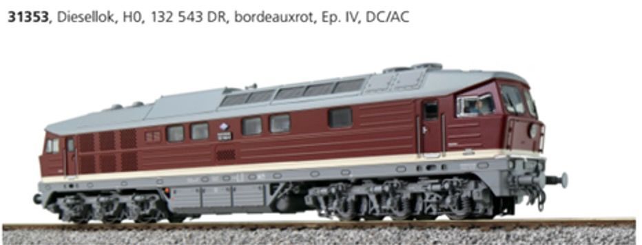 ESU es31353 - Diesellok BR 132 543 DR Ep.IV bordeauxrot um 1987 H0/GL/WS