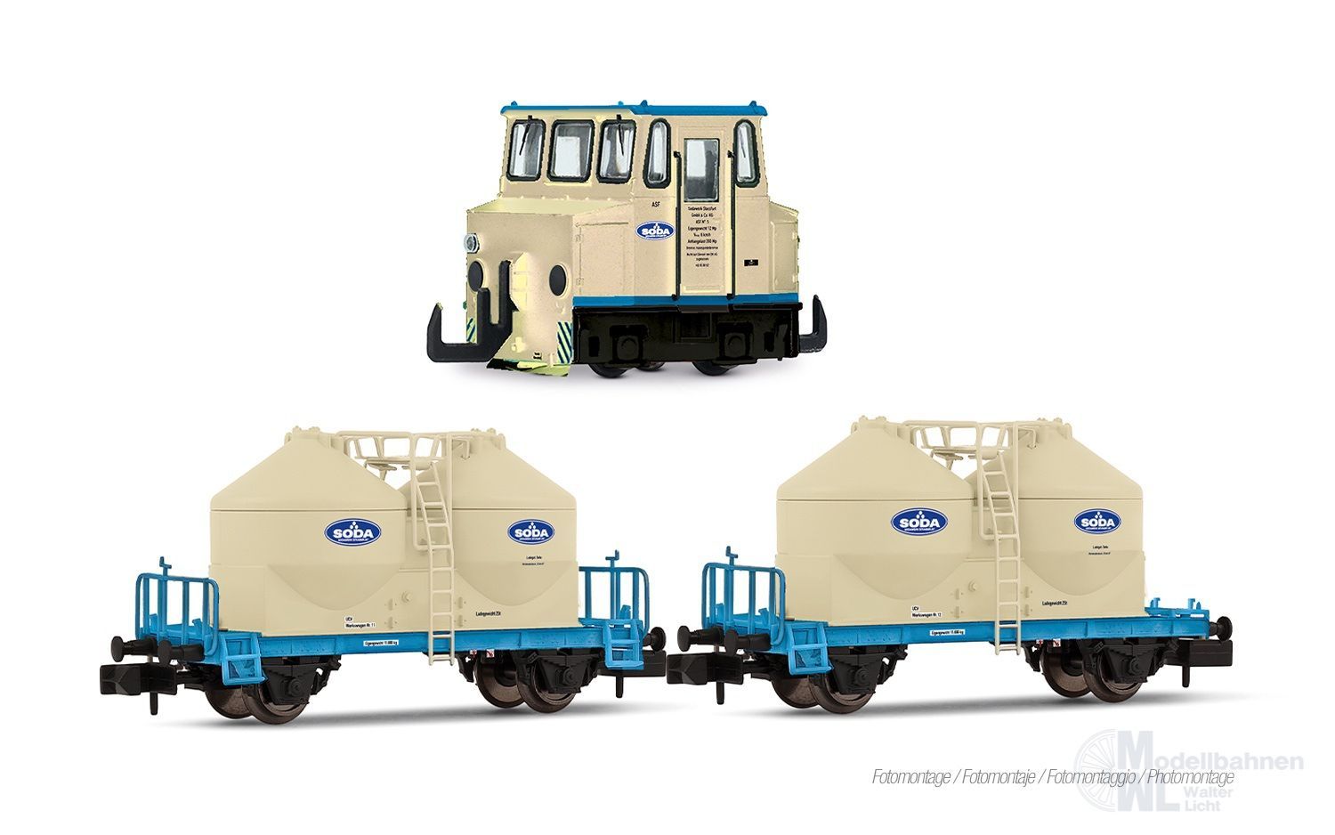Arnold 2662D - Akkuschleppfahrzeug ASF Sodawerk Stassfurt Ep.V mit 2 Silowagen N 1:160 D