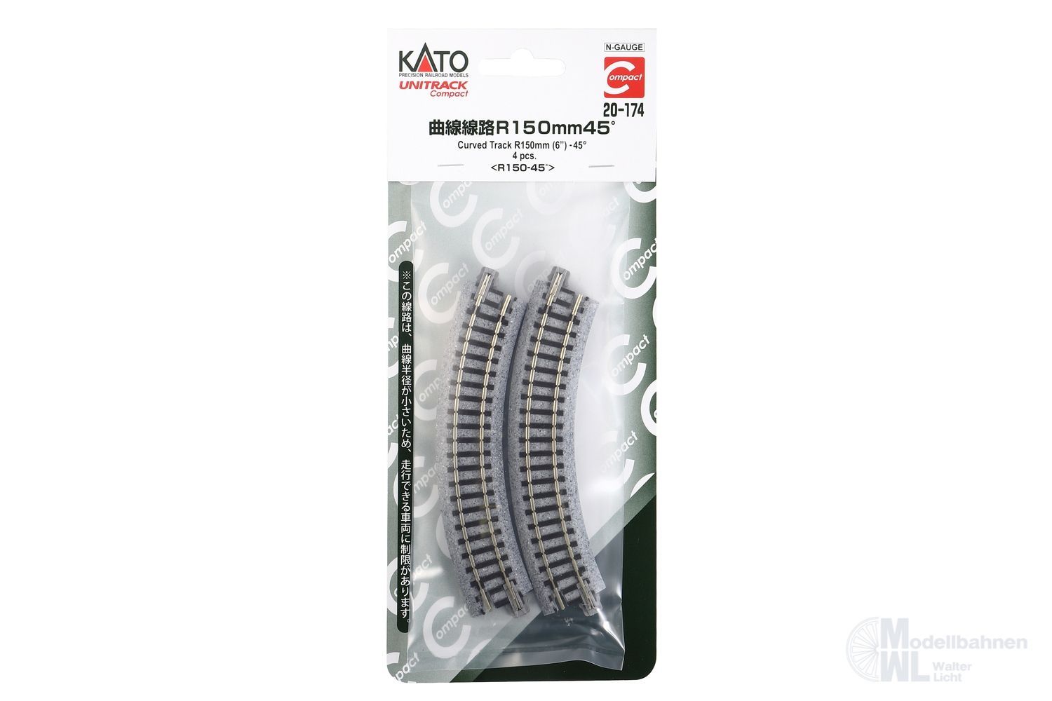 Kato 20-174 - Gleis gebogen R150 mm 45° 4 Stück N 1:160 Kato 20-174 - Gleis gebogen R150 mm 45° 4 Stück N 1:160
