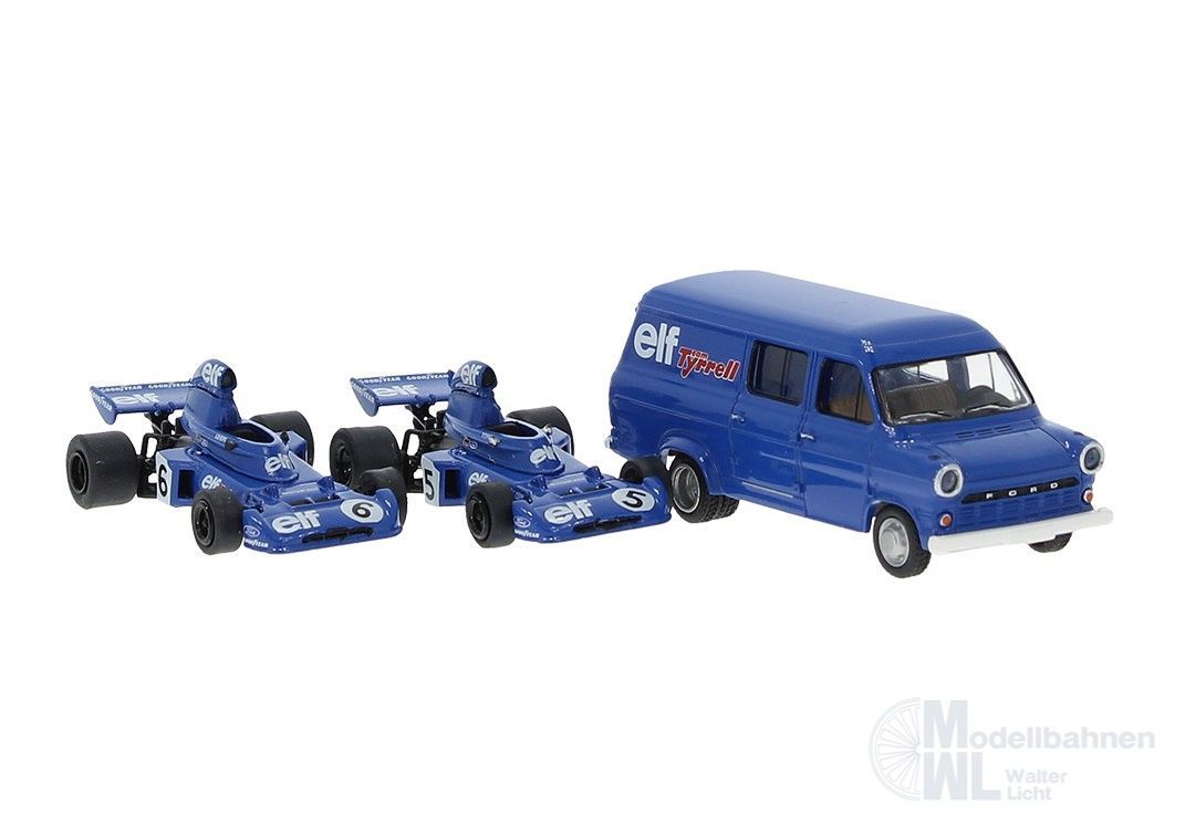 Brekina 22871 - Set Tyrrell 006 aus 1973 mit 2 Rennwagen und Ford Transit H0 1:87