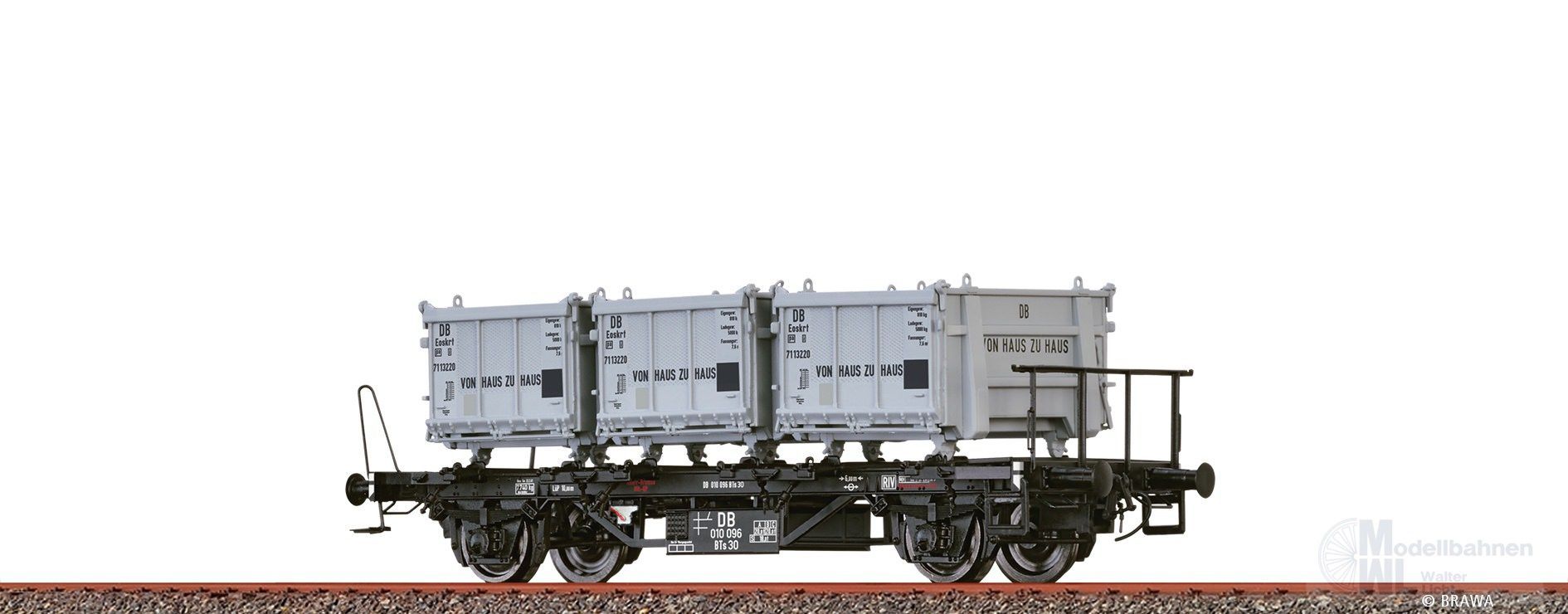 Brawa 50602 - Behältertragwagen DB Ep.III BTs 30 mit Eoskrt 022 Von Haus zu Haus H0/GL Brawa 50602 - Behältertragwagen DB Ep.III BTs 30 mit Eoskrt 022 Von Haus zu Haus H0/GL