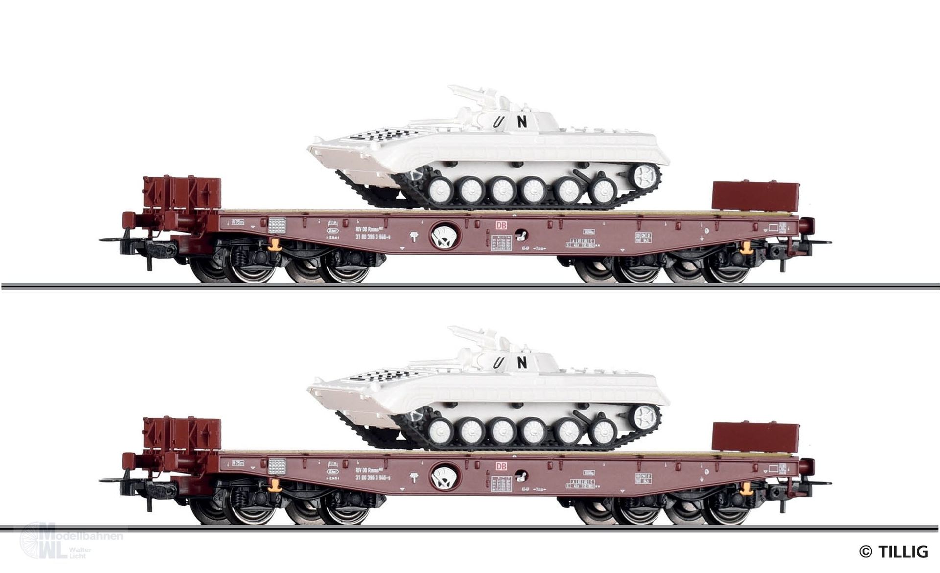 Tillig 70072 - Schwerlastwagen Set DB Ep.V Rmms 662 beladen mit BMP-1 UN-Truppen H0/GL Tillig 70072 - Schwerlastwagen Set DB Ep.V Rmms 662 beladen mit BMP-1 UN-Truppen H0/GL