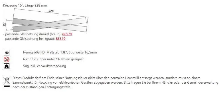 Tillig 85160 - Kreuzung 15° Länge 228 mm H0/GL