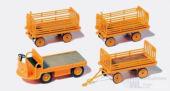 Preiser 17120 - Elektrokarre mit 3 Anhängern H0 1:87 Preiser 17120 - Elektrokarre mit 3 Anhängern H0 1:87