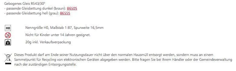 Tillig 85145 - Gebogenes Gleis R543/30° H0/GL
