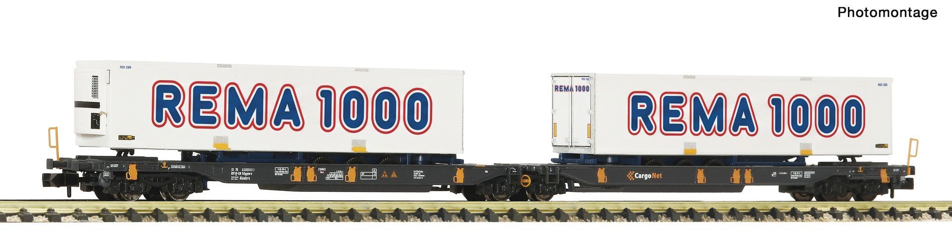 Fleischmann 6660181 - Doppeltaschen-Tragwagen T2000 Cargonet Ep.VI + Rema 1000 Trailer N 1:160