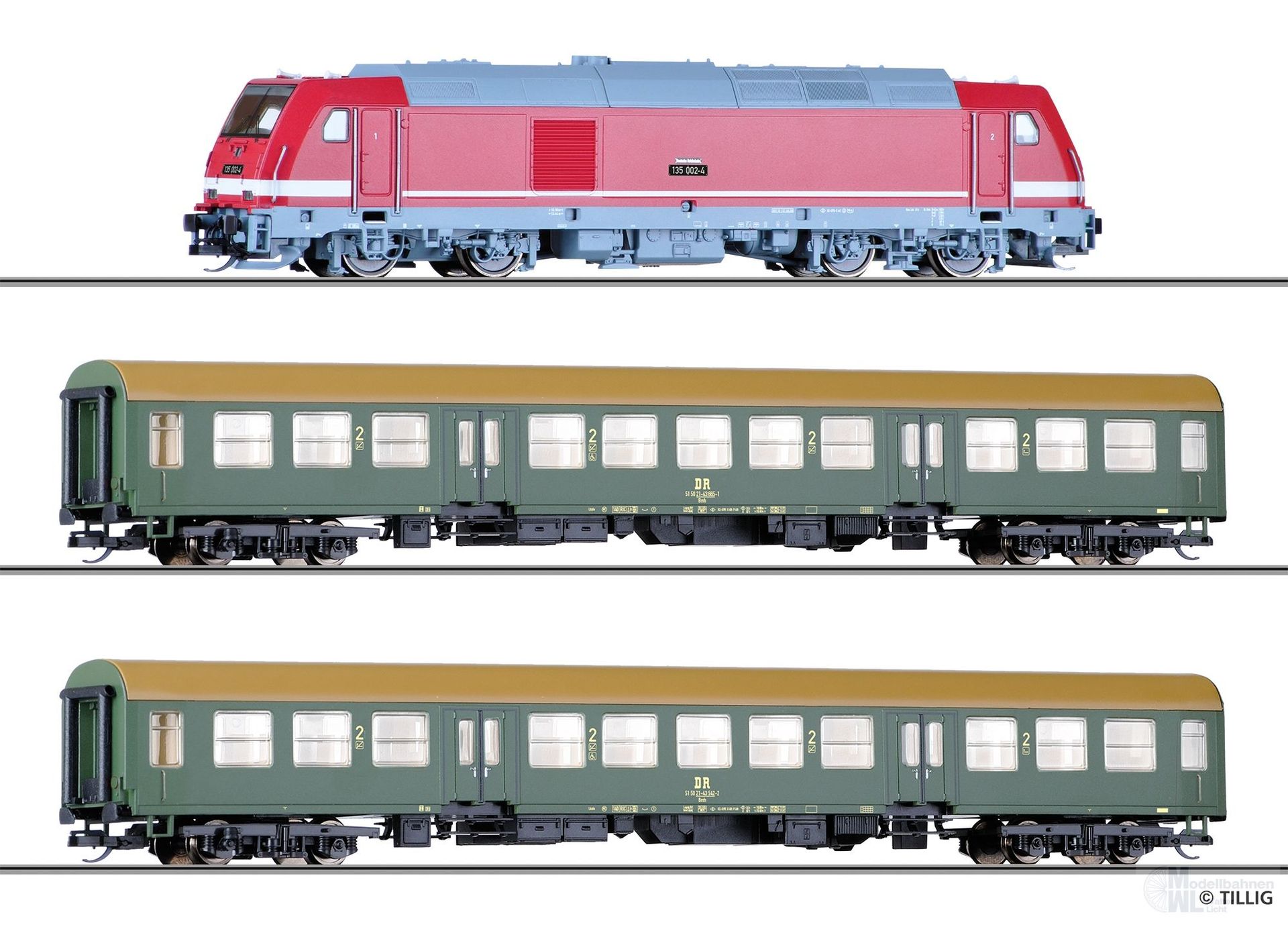 Tillig 01504 - Startset Diesellok TRAXX + 2 Personenwagen DR Ep.IV analog TT 1:120