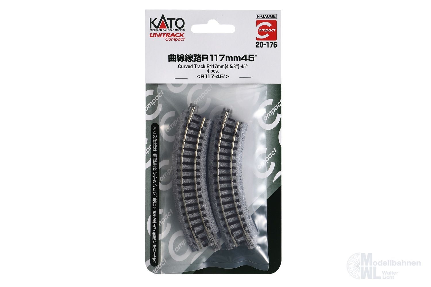 Kato 20-176 - Gleis gebogen R117 mm 45° 4 Stück N 1:160 Kato 20-176 - Gleis gebogen R117 mm 45° 4 Stück N 1:160