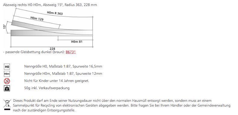 Tillig 85183 - Abzweig rechts H0-H0m Länge 228 mm