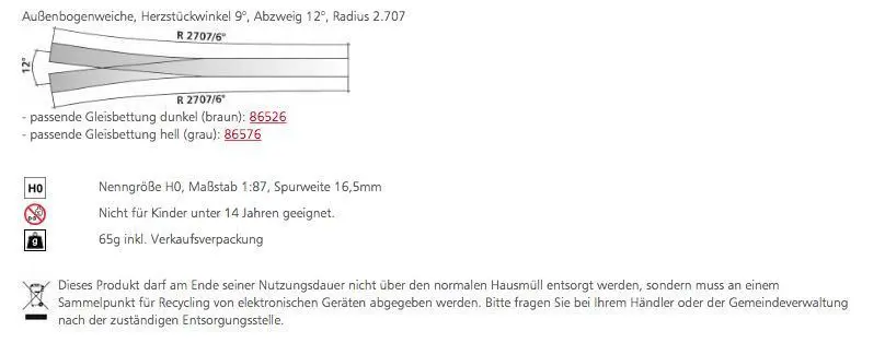 Tillig 85383 - Außenbogenweiche Herzstückwinkel 9° H0/GL
