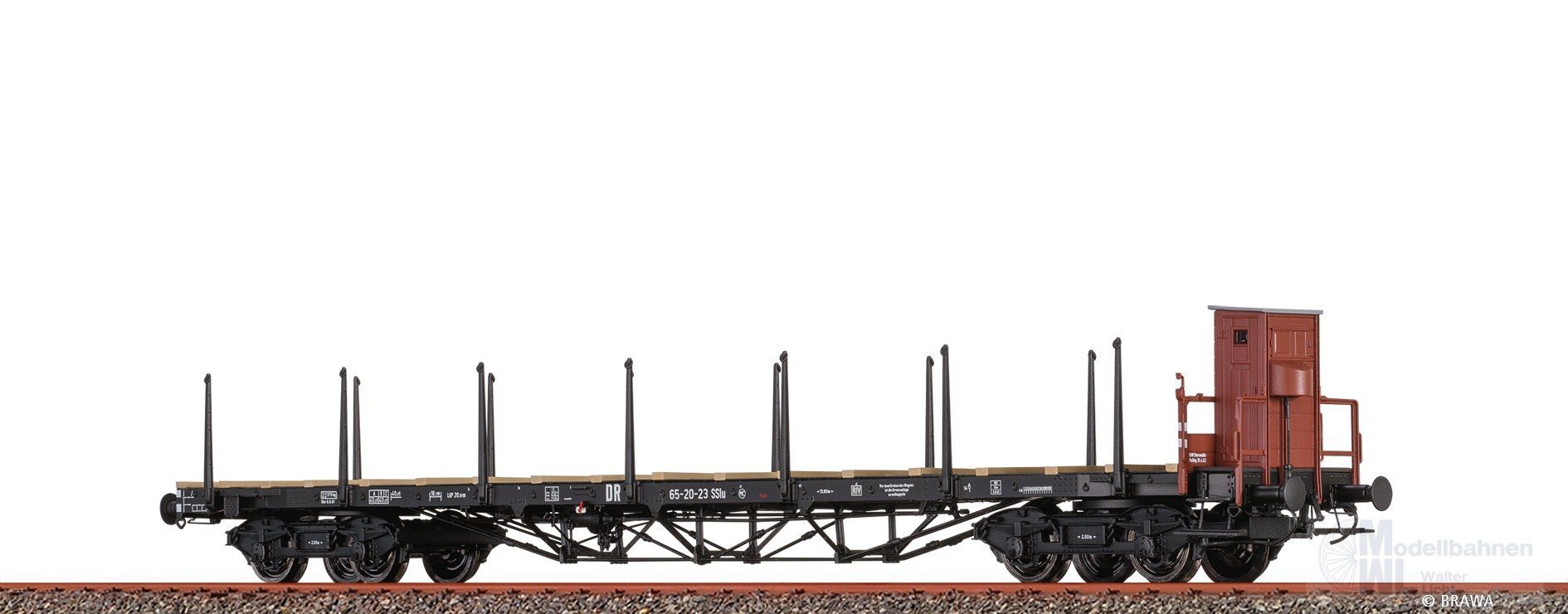 Brawa 50653 - Drehgestellflachwagen DR Ep.III SSlu 65 mit Bremserhaus H0/GL Brawa 50653 - Drehgestellflachwagen DR Ep.III SSlu 65 mit Bremserhaus H0/GL