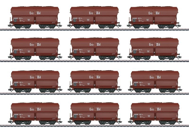 19b98338942f0d75da9cdd232f2ddb661608128844 Märklin 46213 - MÄRKLIN - Selbstentladewagen Set DB Ep.IV Erz IIId 12 Stück H0/WS
