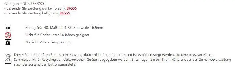 Tillig 85145 - Gebogenes Gleis R543/30° H0/GL