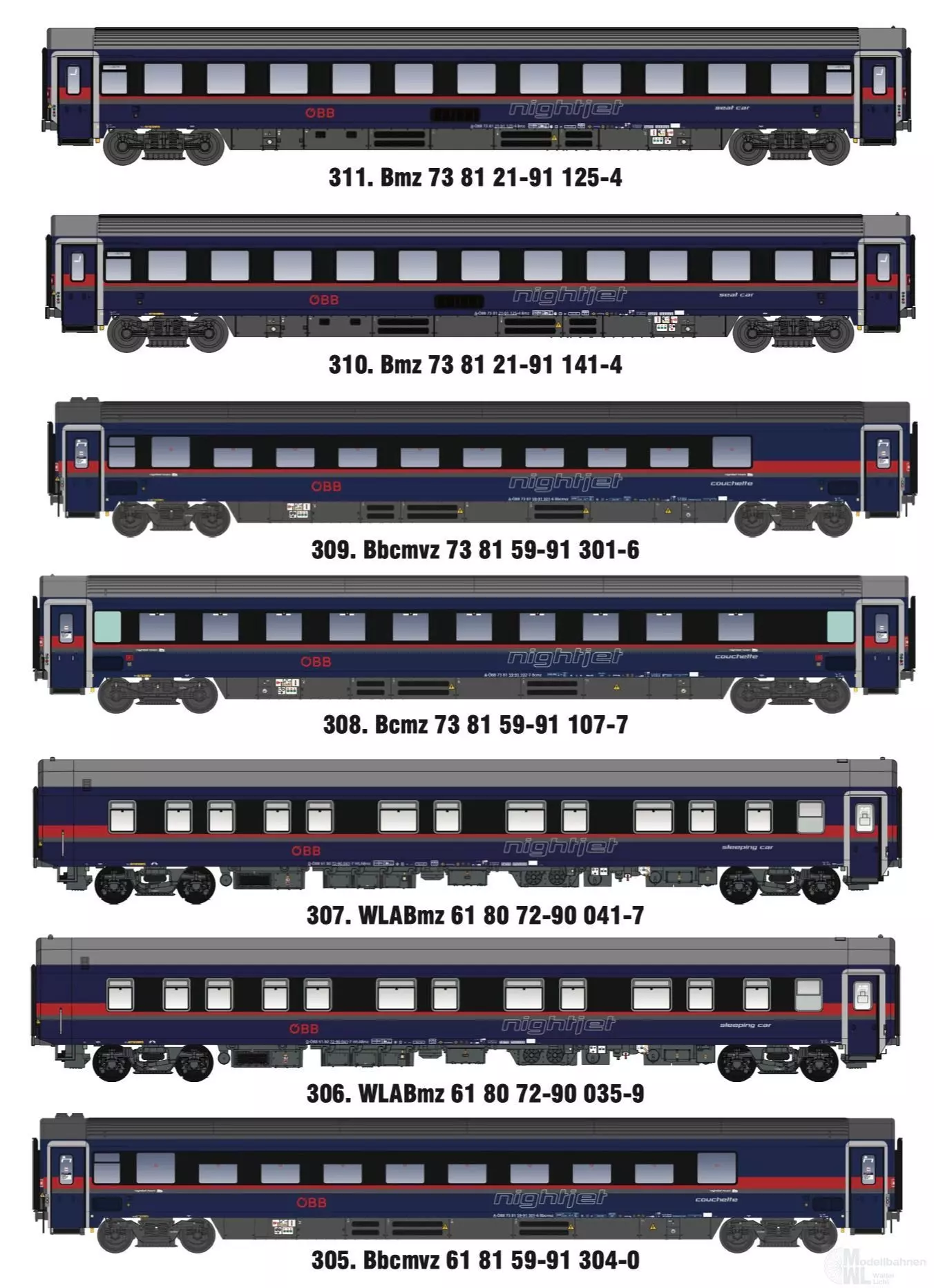 LS Models MW2601AC - Nachtzugwagen Set ÖBB Nightjet Ep.VI DANI 7.tlg. H0/WS