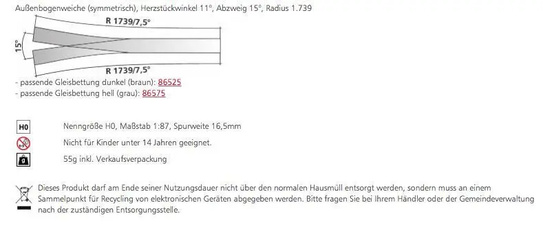 Tillig 85381 - Außenbogenweiche (symmetrisch) Herzstückwinkel 11° H0/GL