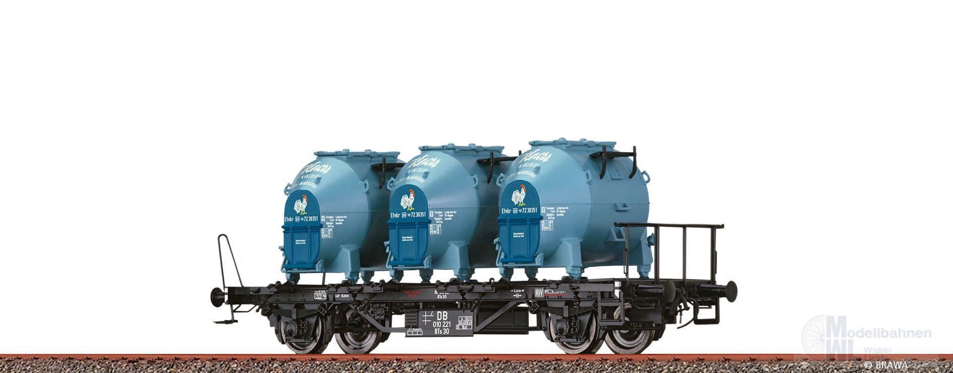 Brawa 50599 - Behältertragwagen DB Ep.III BTs 30 mit Ekrt 401 Knorr H0/GL Brawa 50599 - Behältertragwagen DB Ep.III BTs 30 mit Ekrt 401 Knorr H0/GL