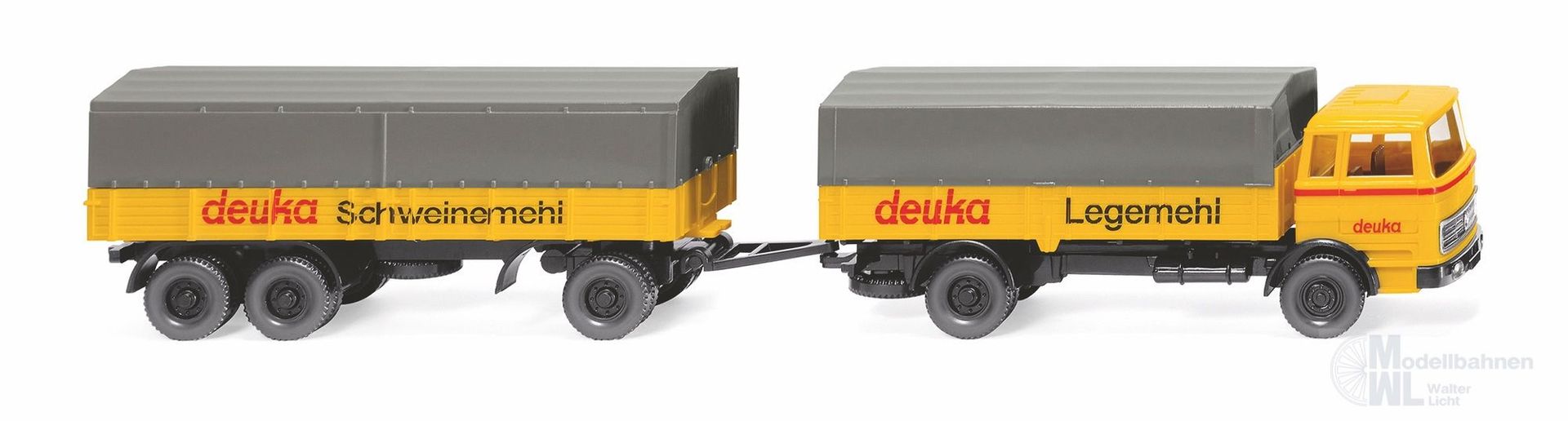 Wiking 043201 - Mercedes-Benz 1620 Pritschenhängerzug Deuka Lagermehl H0 1:87