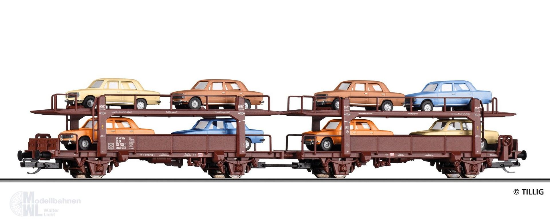 Tillig 18592 - Autotransportwagen DR Ep.IV beladen mit 8 Lada Modellen TT 1:120 Tillig 18592 - Autotransportwagen DR Ep.IV beladen mit 8 Lada Modellen TT 1:120