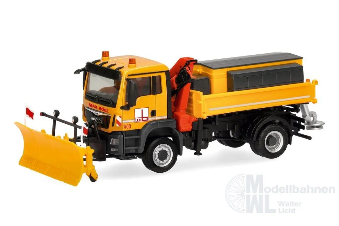 Herpa 322041 - MAN TGS M Euro6c Dreiseitenkipper 2achs mit Kran/Winterdienst Max Bögl H0