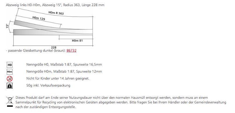 Tillig 85184 - Abzweig links H0-H0m Länge 228 mm