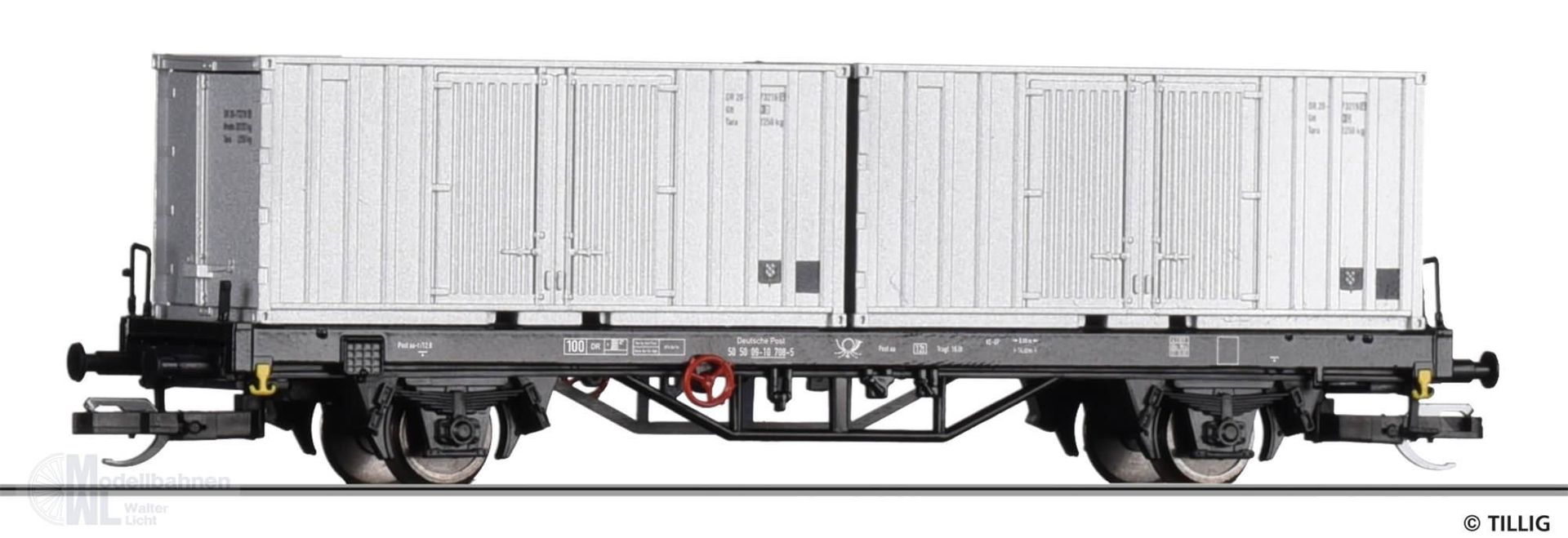 Tillig 17484 - Containertragwagen Deutsche Post Ep.IV Post aa-t/12,8 TT 1:120 Tillig 17484 - Containertragwagen Deutsche Post Ep.IV Post aa-t/12,8 TT 1:120
