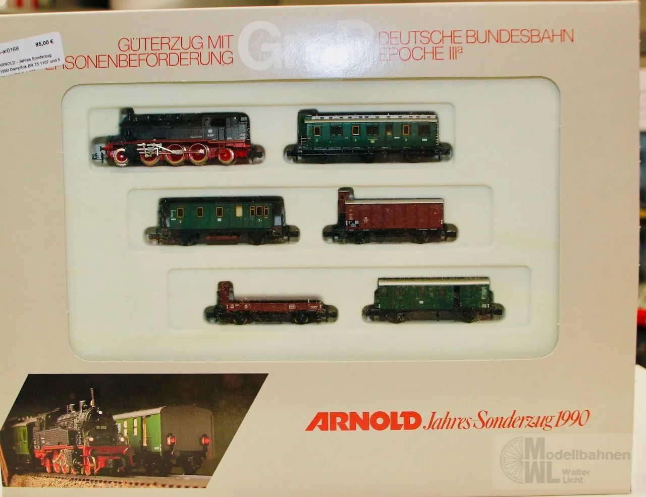 Arnold 0169 - ARNOLD - Jahres Sonderzug 1990 Dampflok BR 75 1107 und 5 Wagen DB N 1:160