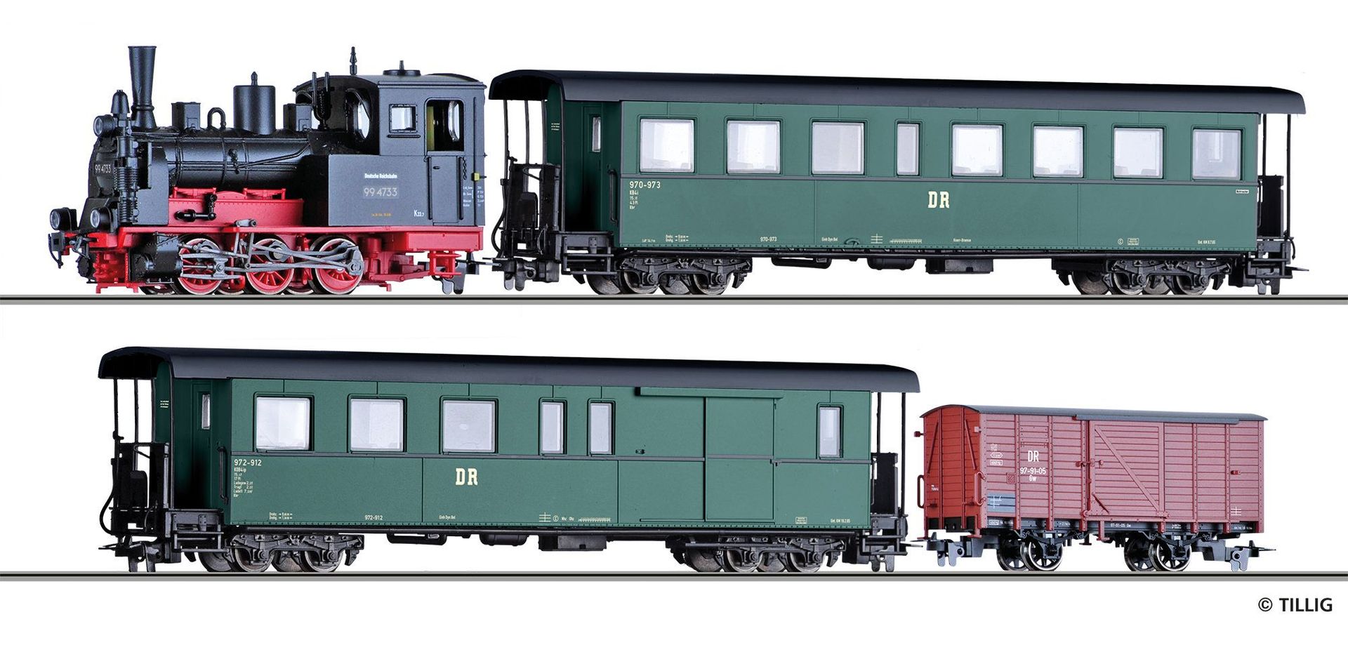 Tillig 01173 - Zugset Dampflok BR 99.47 DR Ep.III und 3 Wagen H0e Tillig 01173 - Zugset Dampflok BR 99.47 DR Ep.III und 3 Wagen H0e