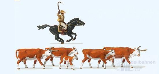 Preiser 10159 - Langhornrinder Cowby zu Pferd H0 1:87