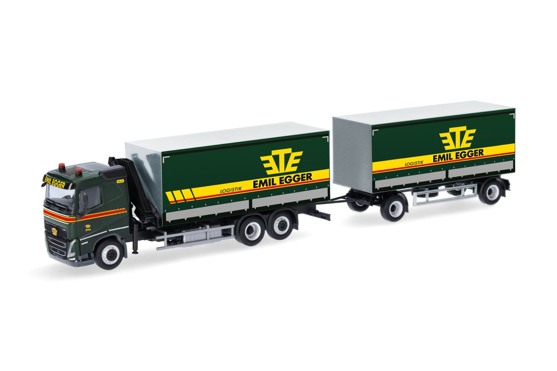Herpa 320504 - Volvo FH 2020 Flachdach Planen-Hängerzug mit Kran Emil Egger H0 1:87