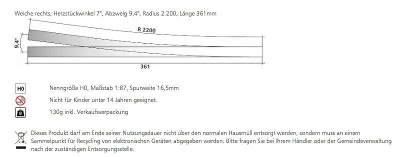Tillig 85326 - Weiche rechts Herzstückwinkel 7° Länge 361mm H0/GL
