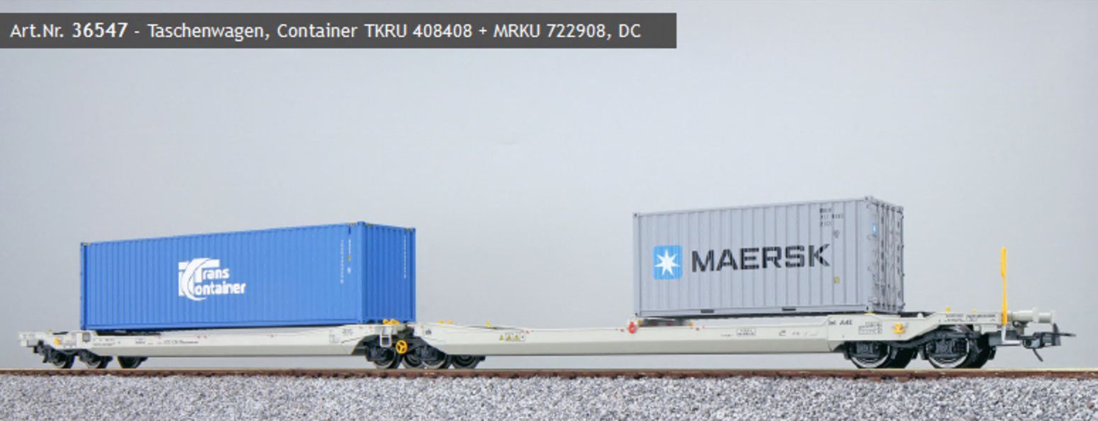 ESU 36547 - Taschenwagen Sdggmrs AAE Ep.VI Container TKRU408408 / MRKU722908 H0/GL