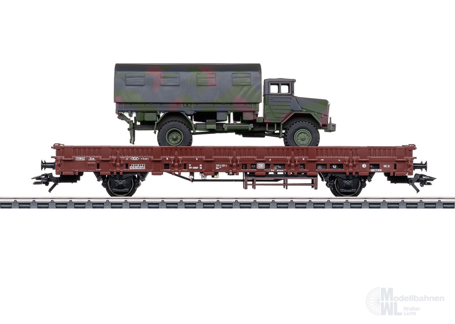 Märklin 46928 - Rungenwagen DB Ep.IV Kbs 443 beladen mit BW-LKW H0/WS Märklin 46928 - Rungenwagen DB Ep.IV Kbs 443 beladen mit BW-LKW H0/WS