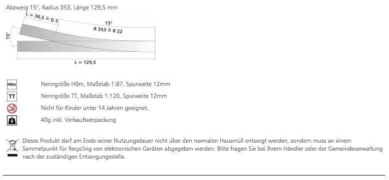 Tillig 83817 - Bettungsgleis-Weiche 15° links Hand TT 1:120