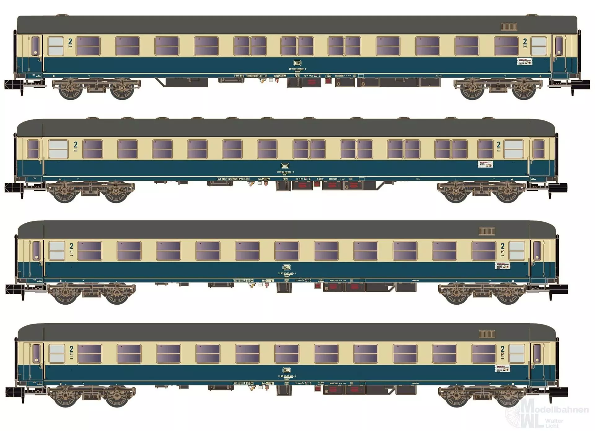 Hobbytrain 22207 - Personenwagen Set DB Ep.IV Turnus Ferienzug Set 2 4.tlg. N 1:160