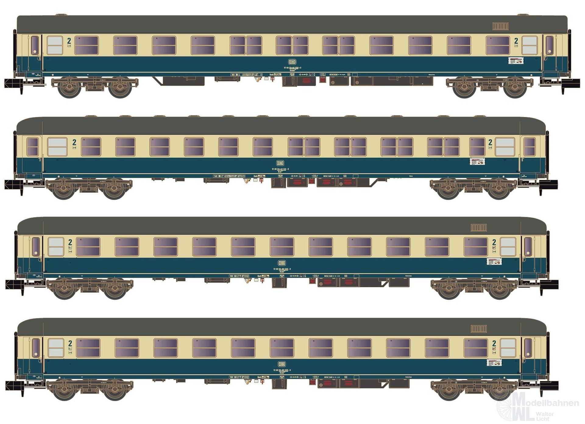 Hobbytrain 22207 - Personenwagen Set DB Ep.IV Turnus Ferienzug Set 2 4.tlg. N 1:160