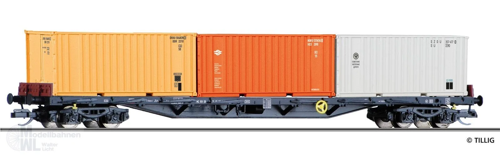 Tillig 18145 - Containertragwagen DR Ep.IV Rgs 3910 beladen mit drei 20‘ Containern TT 1