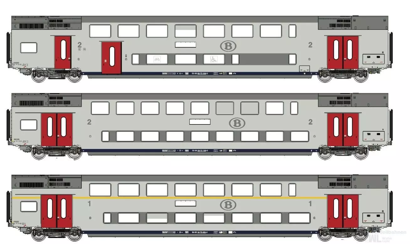 LS Models 43603AC - Doppelstockwagen Set SNCB Ep.V M6 BD+B+A 3.tlg. H0/WS