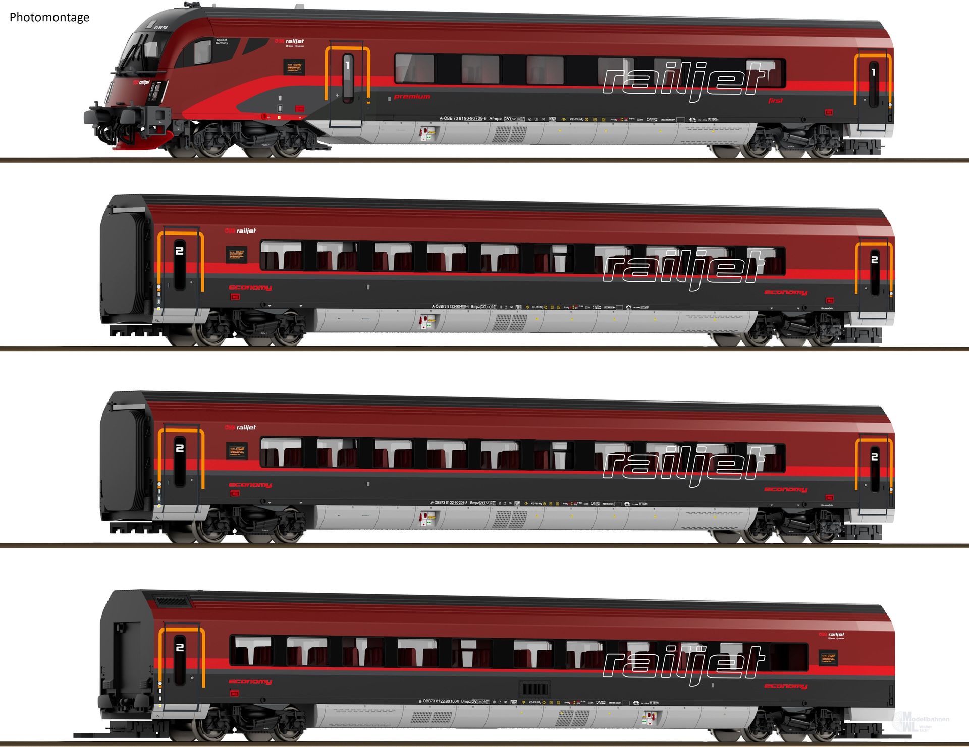 Saxonia Modellbau 120301 - Personenwagen Set Railjet ÖBB Ep.VI 4.tlg. TT 1:120