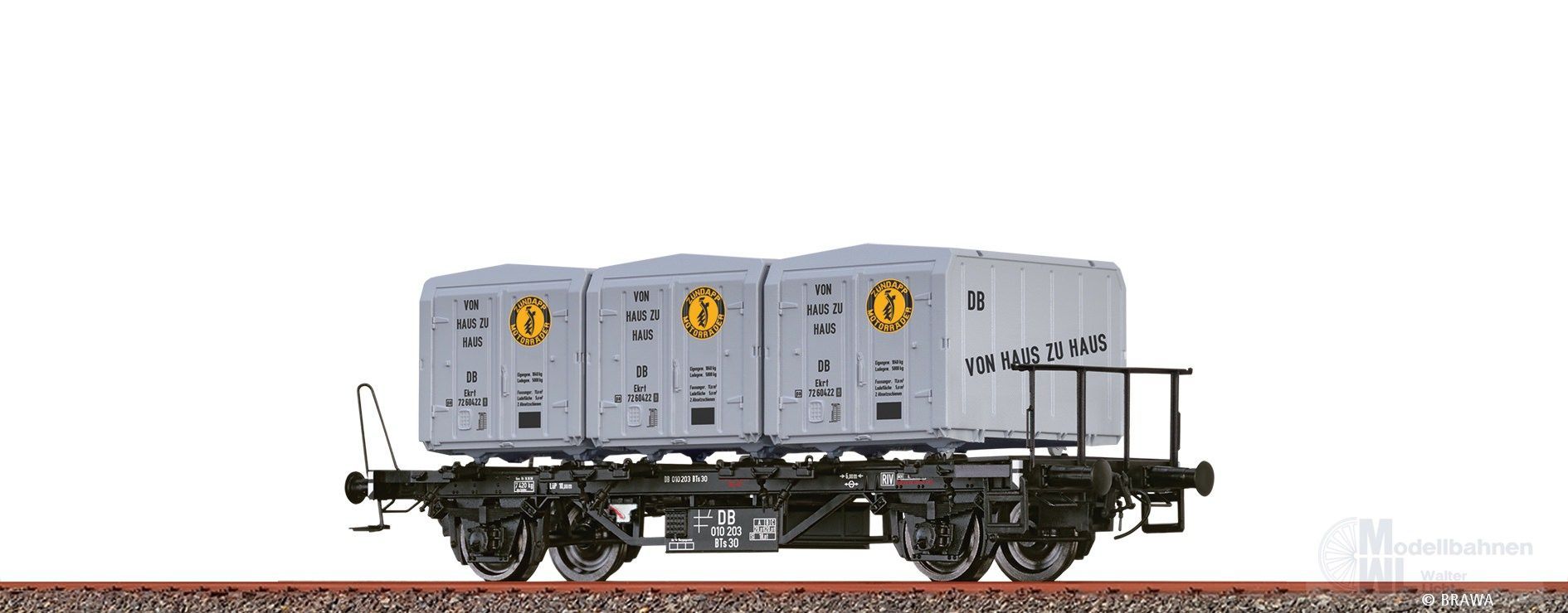 Brawa 50596 - Behältertragwagen DB Ep.III BTs 30 mit Ekrt 212 Zündapp H0/GL Brawa 50596 - Behältertragwagen DB Ep.III BTs 30 mit Ekrt 212 Zündapp H0/GL