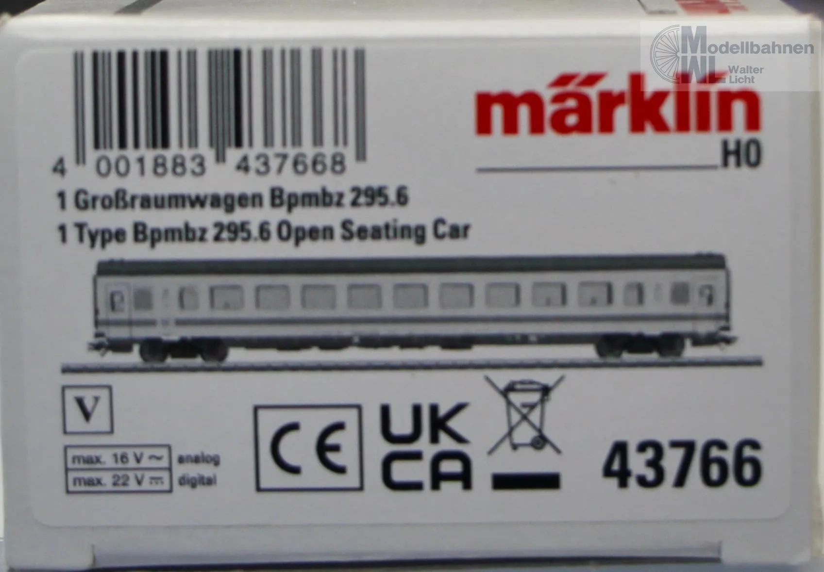 Märklin 43766 - MÄRKLIN - Großraumwagen DB AG Ep.V Bpmz 295.6 H0/WS