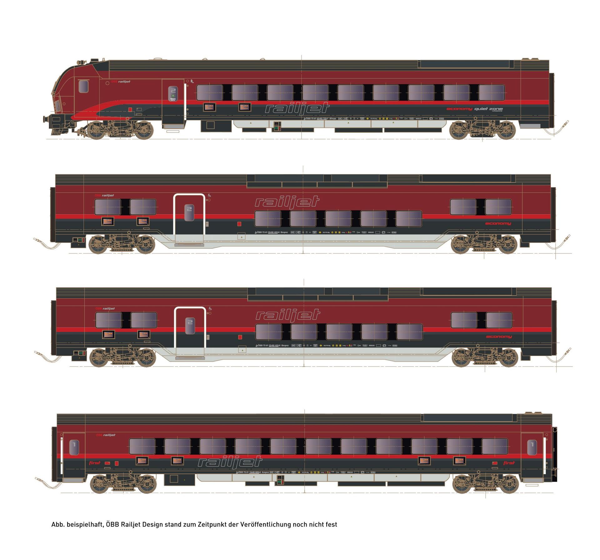 Hobbytrain 25401 - Railjet ÖBB Ep.VI DANI 4-tlg. Steuerwg. + Endwagen + 2x 2.Klasse N 1:160
