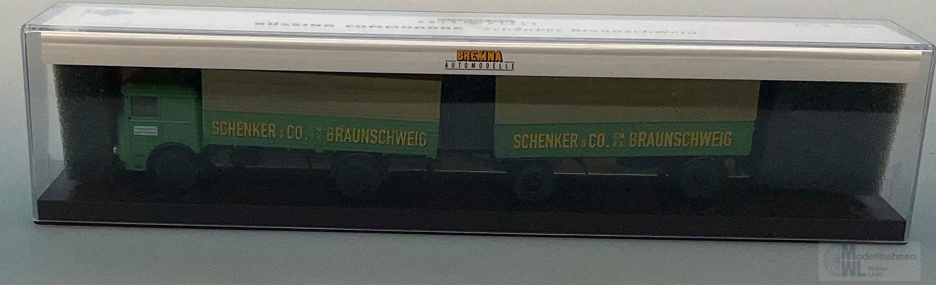 Brekina bre79104.1 - BREKINA - Büssing Commodore Pritschenhängerzug Schenker Braunschweig H0 1:87
