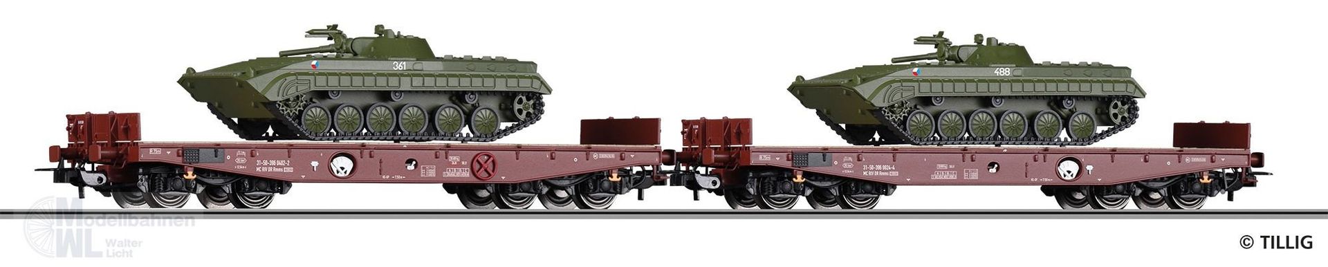 Tillig 70055 - Schwerlastwagen Set DR Ep.IV beladen mit Panzern H0/GL Tillig 70055 - Schwerlastwagen Set DR Ep.IV beladen mit Panzern H0/GL