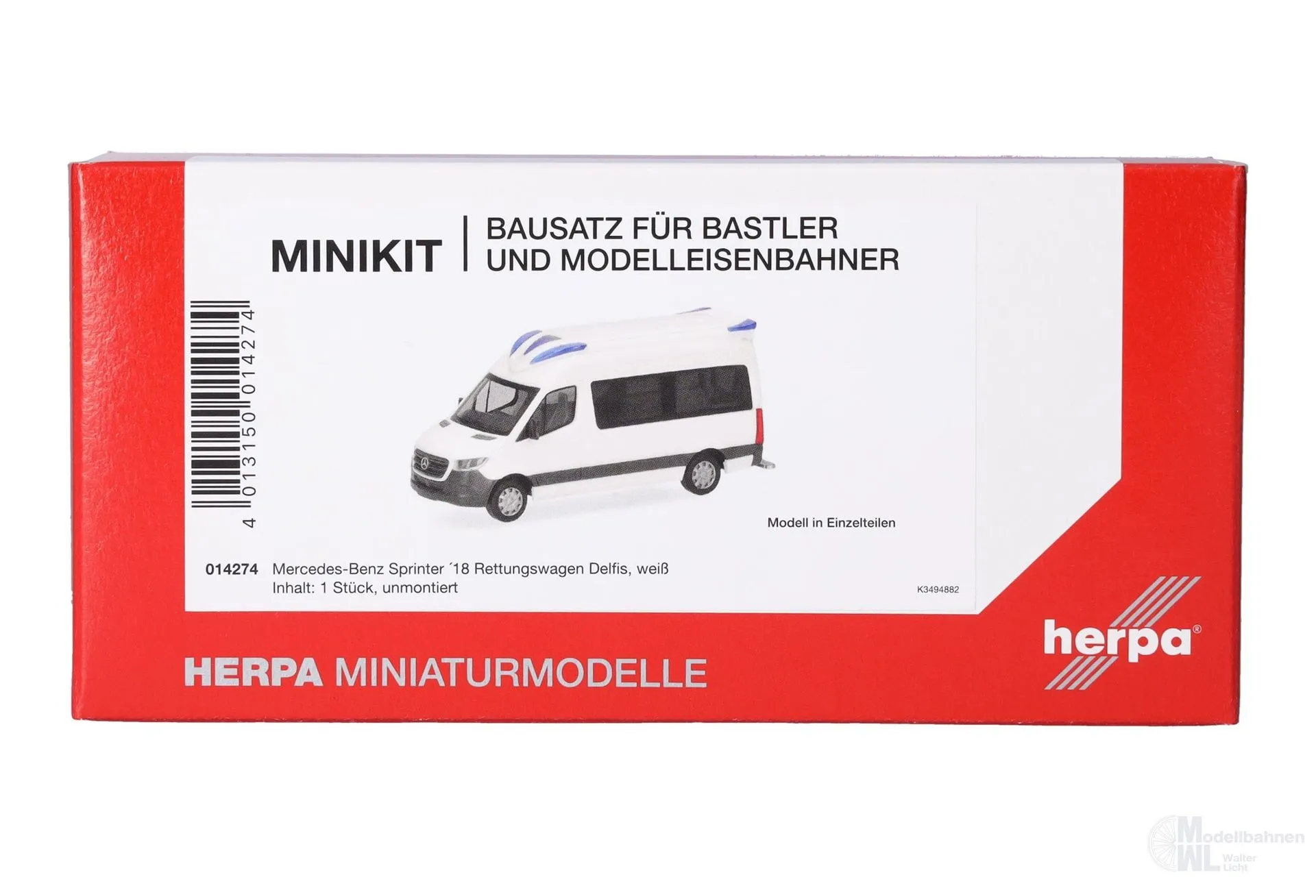 Herpa 014274 - MiKi Mercedes-Benz Sprinter 18 RTW Delfis-Dachaufsatz H0 1:87