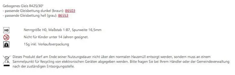 Tillig 85141 - Gebogenes Gleis R425/30° H0/GL